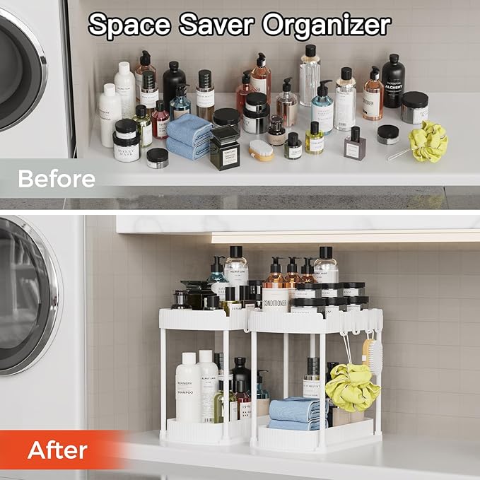 Ukeetap 2 Pack Multi-Purpose Pull-Out Storage Organizers, Under Sink Organizers and Storage for Bathroom & Kitchen, Under Cabinet Organizers and storage, 14.8 Inch, White