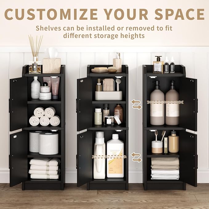 Narrow Bathroom Storage Cabinet with 2 Doors and Shelves, 9.8" W Small Storage Cabinet for Toilet Paper Storage, Slim Cabinet for Small Spaces, Bathroom, Kitchen, 9.8" W × 7.9" D × 29.5" H, Black