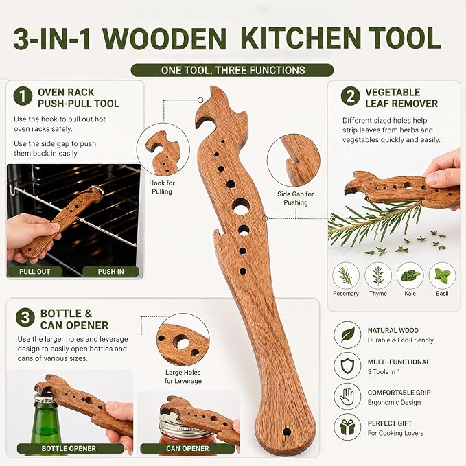 Oven Rack Puller and Pusher Tool, 3-in-1 Wooden Multi-Functional Kitchen Gadget with Herb Stripper & Bottle Opener, Pull Out Hot Racks Safely, for Toaster Ovens, Air Fryers, Baking