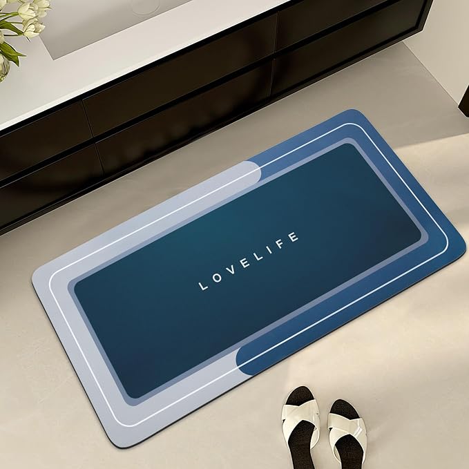 Bath mat Rubber Bathroom Mat-Quick Dry Absorbent Rug Non-Slip Thin Bathroom Rug Instant Dry Magic Bath mats for Bathroom Floor Mat in Front of Bathtub, Sink, Blue, 17x35in