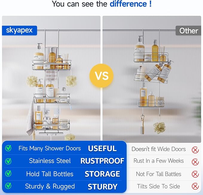 Skyapex Shower Caddy Over the Door Organizer: Bath Rack Hanging Over Glass with Hooks - Storage Shelf Inside Bathroom for Shampoo - Sliver