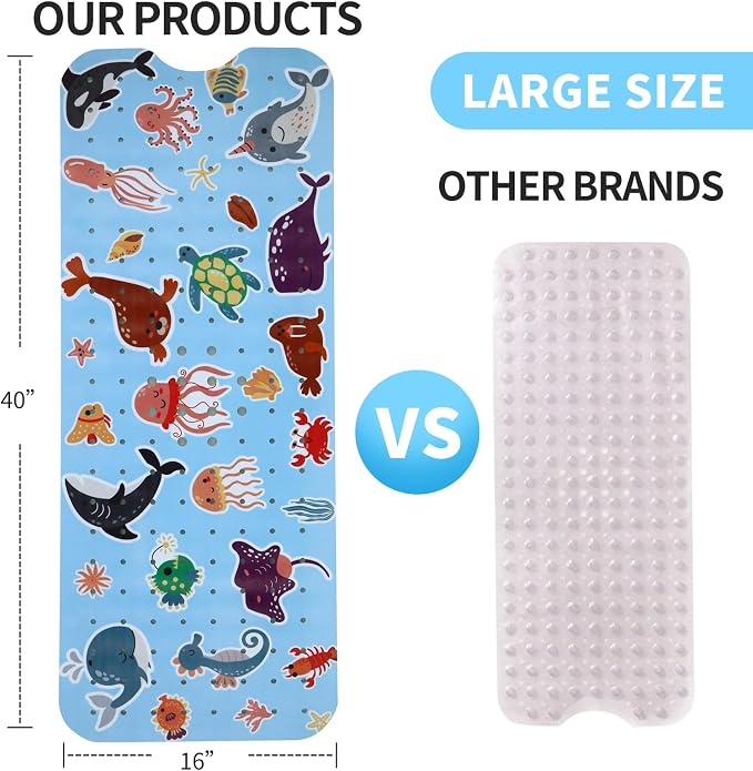 Bath Tub Shower Mat Non Slip Kids Bathtub Mat Anti Slip Baby Bath Mat for Tub 40 x 16 Inch Extra Long Toddler Bath Mat with Suction Cups and Drain Holes for Bathroom Floor,Seahorse Seaturtle