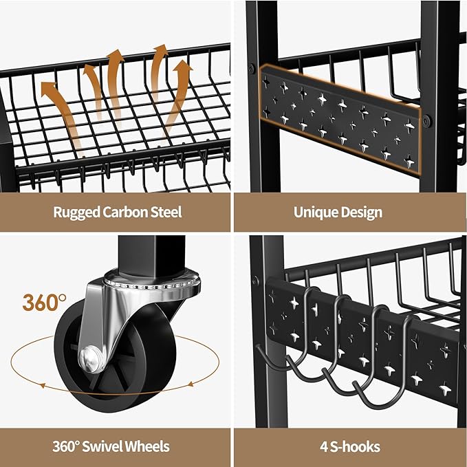 6 Tier Slim Storage Cart, Narrow Rolling Cart with Wheels, Narrow Mobile Utility Shelf Unit Organizer for Kitchen, Bathroom, Laundry Room, Living Room, Small Places, 10in(W), Black