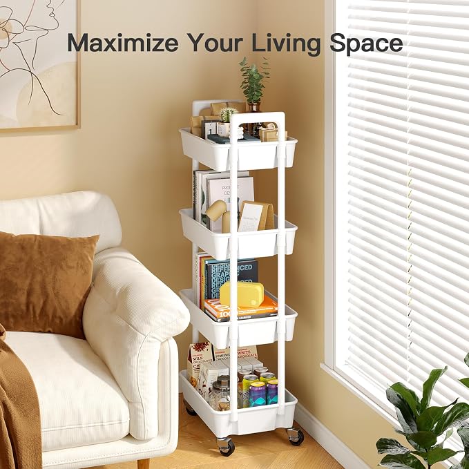 Pipishell 4 Tier Rolling Cart Organizer, Plastic Rolling Cart with Lockable Wheels & Reinforced Handle, Lightweight Utility Storage Cart for Nursery, Kitchen, Craft Room, White