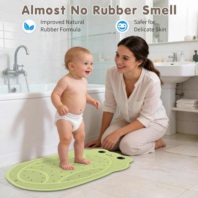 Upgraded Kids Bathtub Mat Non Slip, Low-Odor Natural Rubber Bath Mat with Strong 18mm Suction Cups, Flat Non-Slip Surface, 30"x18" Cute Frog Design, Shower Mat Fast Draining for Smooth Tubs, Green