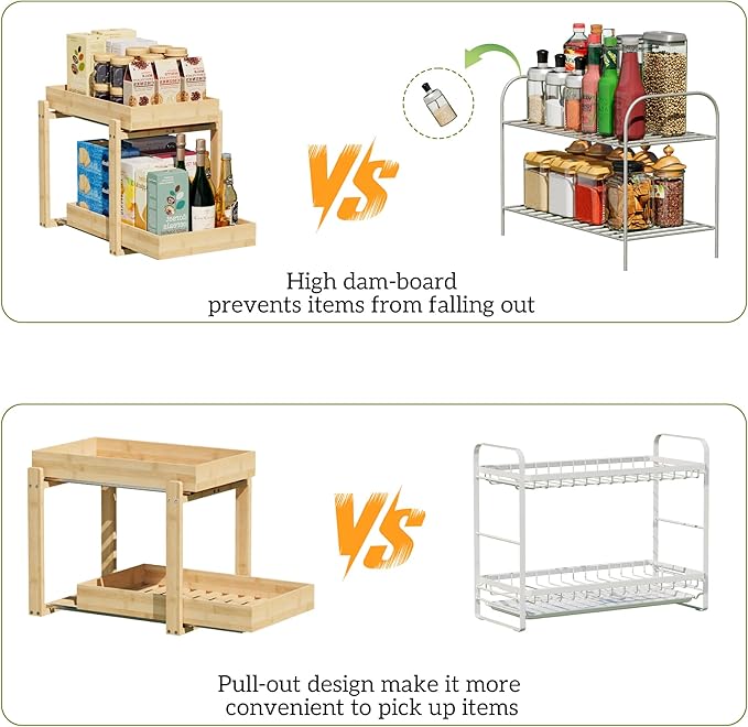 APRTAT 2 Pack Under Sink Organizer, Bamboo Wooden 2-Tier Pull-Out Storage with Sliding Drawers for Kitchen and Bathroom Cabinets, Easy Installation (Natural, 2 Packs)