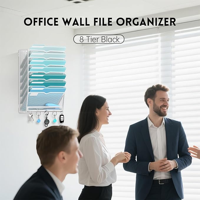 8-Tier Hanging Wall File Organizer with 5 Hooks, Mesh Wall File Holder Vertical Mount Mail Organizer for Papers, Folders, Magazines, Bills, Office and School, White