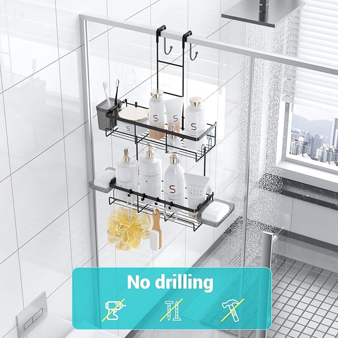 Aitatty Over the Door Shower Caddy Hanging: Black Rustproof Shower Organizer over the Door - No Drilling Bathroom Rack for Inside