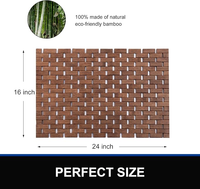Bamboo Bath Mat Bathroom Rugs Floor Wood Shower Bathtub Waterproof Non Slip Walnut Accessories 16x24 Inch Easy to Clean, 2 pcs