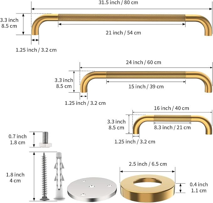 3 Pack Anti Slip Commercial Grab Bar Bundle for Shower, Munzong 16" 24" 32" Gold Bathroom Grab Bar, 1.25" Diameter Handicap Balance Bar,Safety Hand Rail Fort Elderly Injury Senior Assist Bath Handle