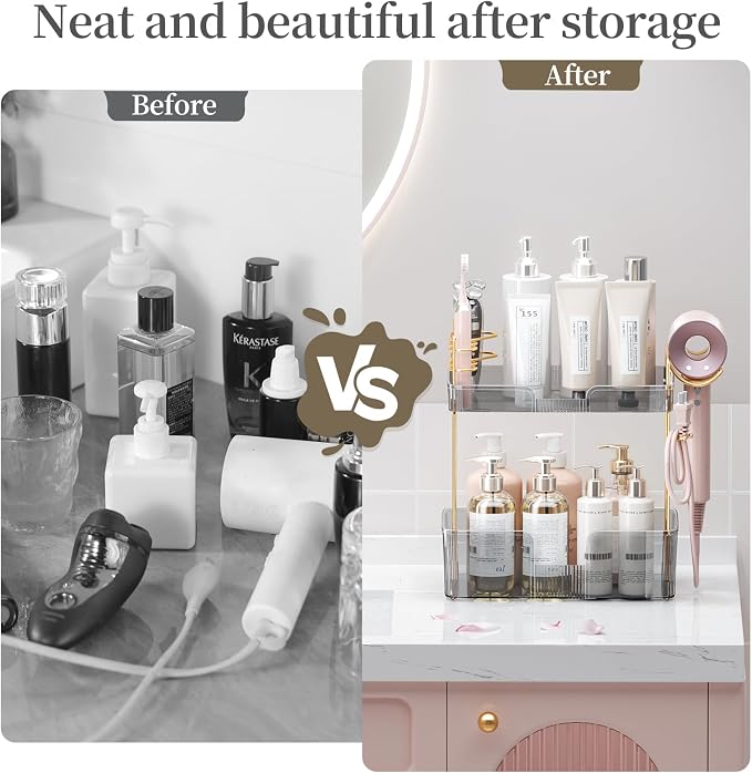 shuang qing 2 Tier Bathroom Counter Organizer with Hair Dryer Holder, Hair Tool Countertop Storage, Cosmetics Skincare Shelf, Makeup Organizer Perfume for Dresser Vanity Tray - Grey