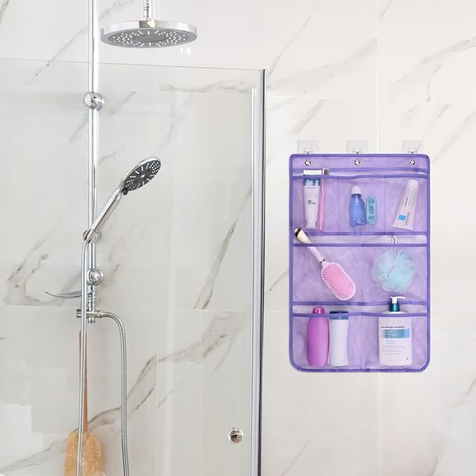 F-color Cruise Essentials 2026 - Mesh Shower Organizer Hanging with 7 Pockets for RV Gym Camping, Quick-Dry Portable Toiletry Bag with Metal Hooks for Bathroom Travel Toiletries, Purple+Purple