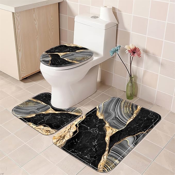Nkzply 4 Pcs Black Marble Shower Curtain Gold Bathroom Sets with Shower Curtain and Rugs Modern Abstract Grey Shower Curtain Set Bathroom Rug Set Bathroom Decor Accessories with Hooks Toilet Lid Cover
