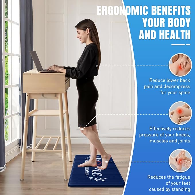 HappyTrends Kitchen Mat for Floor, 2PCS Cushioned Anti-Fatigue Kitchen Rugs, Waterproof Non-Slip Standing Mats and Rugs Set for Kitchen, Office, Laundry, Navy, 17.3"×30"+17.3"×59"