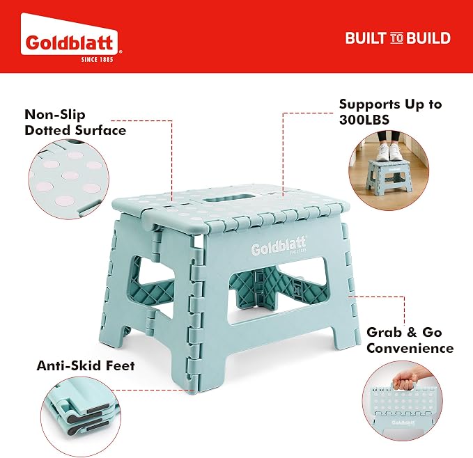 Goldblatt 8.5" Folding Step Stool for Adults and Kids, Lightweight Heavy-Duty Plastic Portable Foldable Stool with Non-Slip Top and Anti-Skid Feet, 300 lbs Capacity, Kitchen & Bathroom, Blue-Green