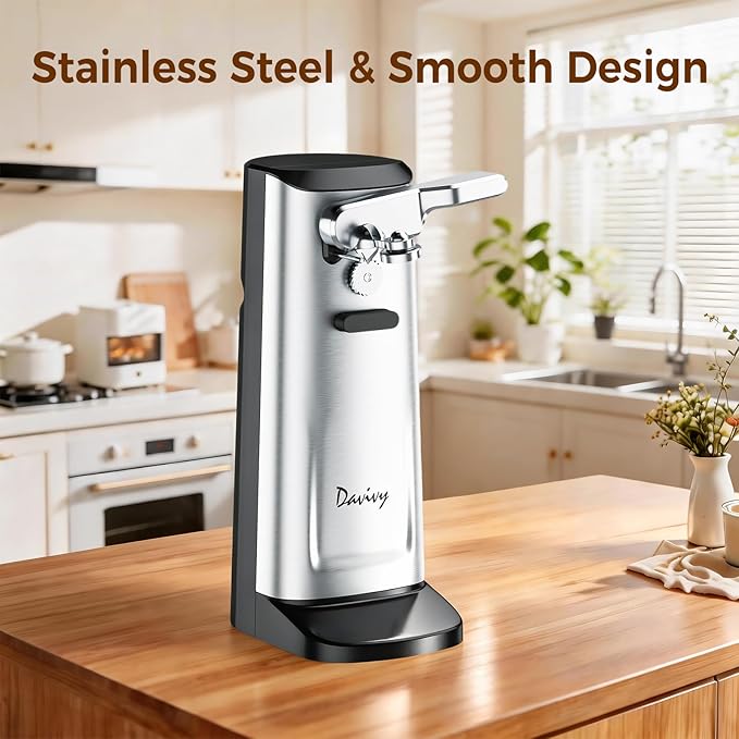 Davivy Electric Can Opener, One Touch Lid Opener, Removable Stainless Steel Cutter and 3-in-1 Design, with Sharpener and Bottle Opener (Stainless Steel-Black)