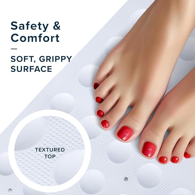 SlipX Solutions Square Natural Rubber Shower Stall Mat, 21” x 21”, Mildew Resistant, Non Slip Safety, Antimicrobial Product Protection, 140 Power Grip Suction Cups, Center Drain Hole, White