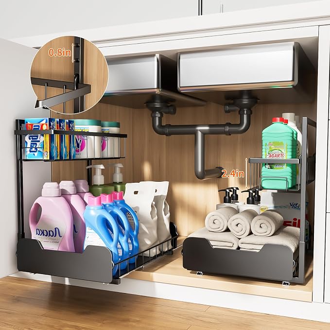 PureBox Under Sink Organizer, 2-Tier L-Shaped Pull Out Cabinet Shelf with 2 Installation Methods, Adjustable Sliding Storage Drawer for Kitchen, Bathroom, Laundry, Metal, Black
