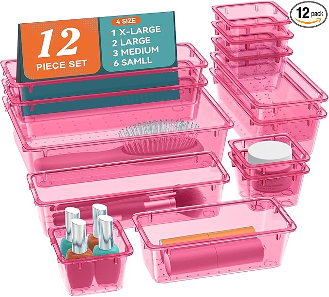 ElegantArray 12 PCS Drawer Organizer Set, 4 Sizes Tool Storage Trays, Clear Plastic Makeup Vanity Organizer and Storage Bins for Stationeries, Multiple Gadgets for Office, Bedroom, Pink