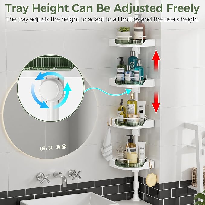 AKINBAS 360° Rotating Shower Caddy Tension Pole with 4-Tier Rustproof Lazy Susan 35-128 Inch No Drilling Coner Shelves Adjustable Shower Rack for Bathroom Bathtub Washbasin Plant Storage (White+Green)
