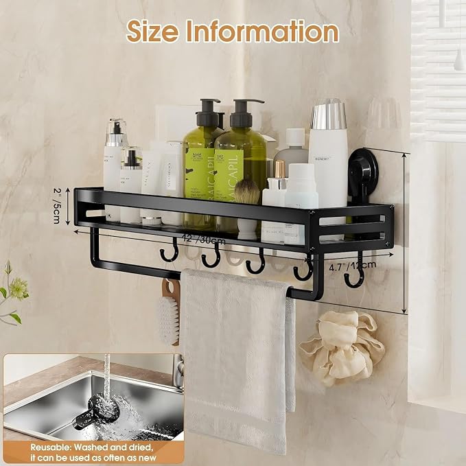 Suction Cup Shower Caddy,11.8 inch Extended Version, with 5 Hooks & Towel Rrack, No Drilling Required, Rust-resistant Bathroom Shower Organizer (1Pack-Black)