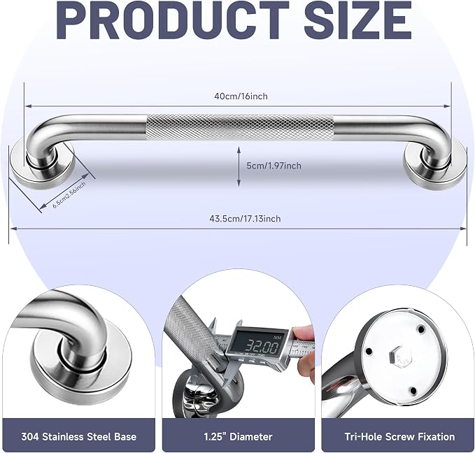 16 Inch Shower Grab Bar, Brushed Nickel Anti Slip Safety Bars, 304 Stainless Steel Bathroom Handrail, Handicap Grab Bars for Wall, Shower Grip Handle for Seniors Elderly Injury Assist Bath (1.25" Dia)