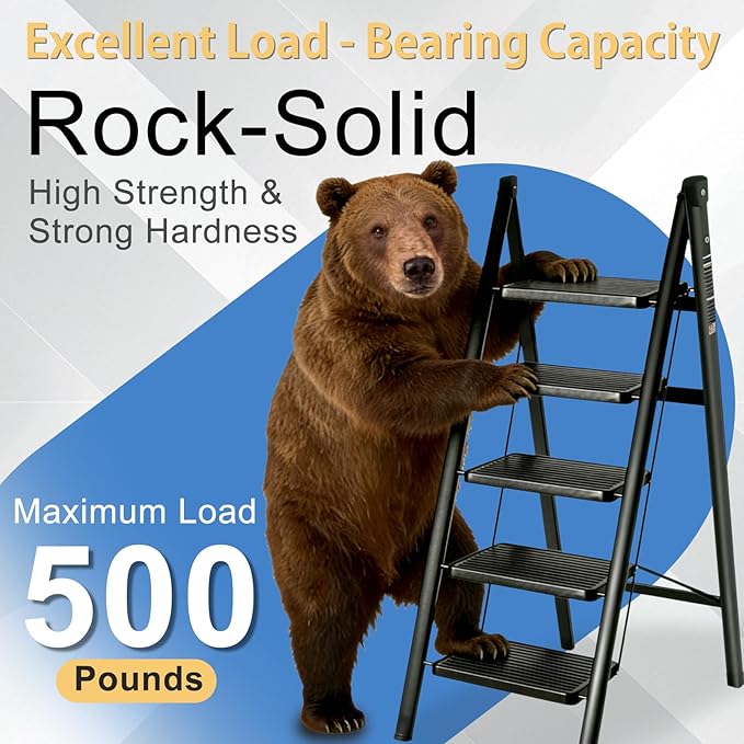 5 Step Ladder Folding Step Stool with 500LBS Capacity Sturdy Carbon Steel Frame Anti-Slip Thick Pedal & Feet Portable for Home Kitchen Garage (black-5step)