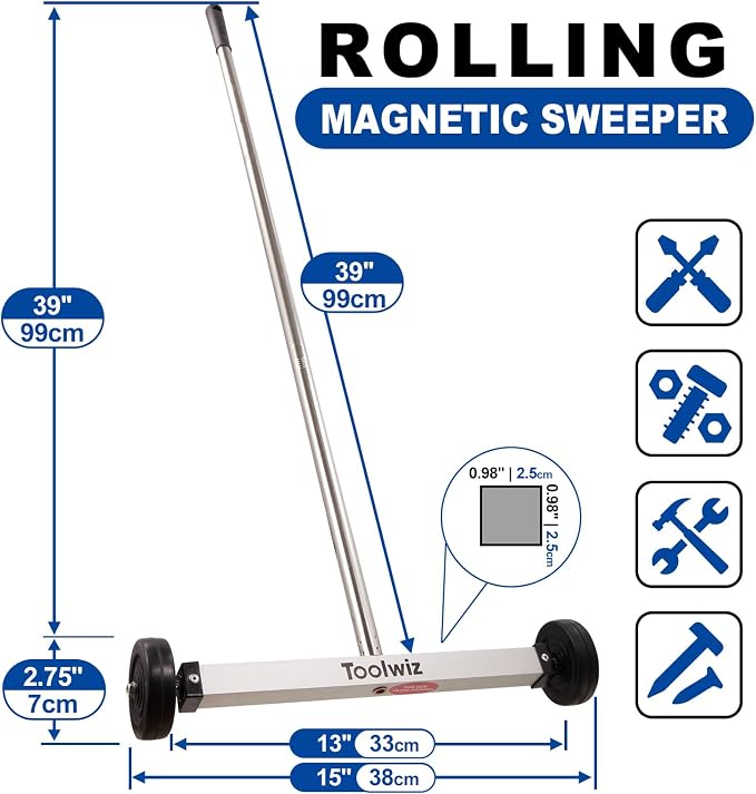 Toolwiz 15" Rolling Magnetic Sweeper 10lbs, with 8 lbs Telescopic Magnetic Pick Up tools with LED light– Telescoping Holder to Pick Up Nails Magnetic Sweeper for Construction