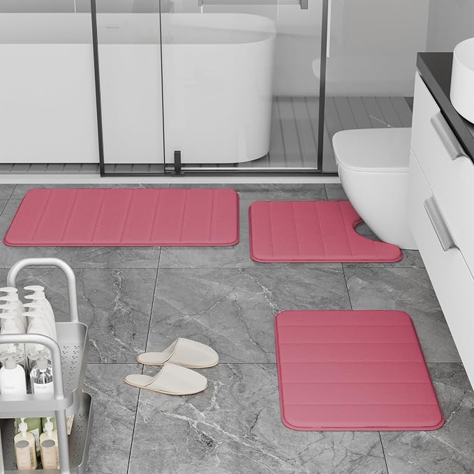 Pink Memory Foam Bath Mat Set, Bathroom Rugs for 3 Pieces, Toilet Mats, Soft Comfortable, Water Absorption, Non-Slip, Thick, Machine Washable, Easier to Dry for Floor Mats Pink Bathroom Sets