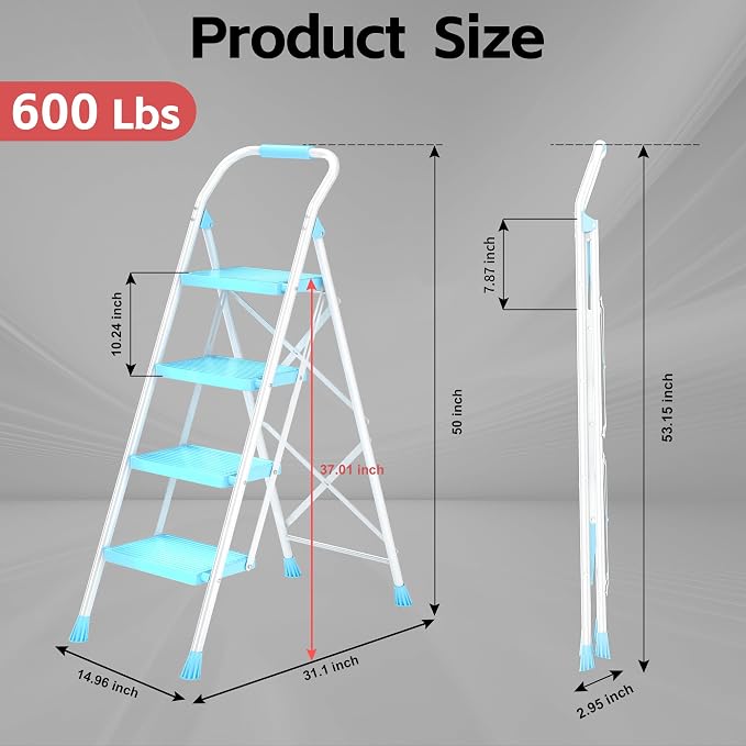 Step Ladder Foldable Folding Stool - for Home Adults Kitchen 4 Stepping Extension Tall Heavy Duty with Handrails - Closet Stepstool Stair Ladders Extendable Stepladder for Indoor House 600Lbs