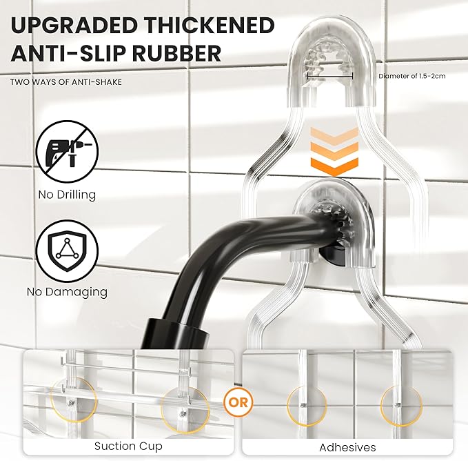 Shower Caddy Hanging 2-Tier Shower Organizer for Tall Showerhead,Rustproof Over Shower Head Rack,No Drill Bathroom Shower Caddy with Soap Dish,Toothbrush Holder and Hooks,Silver