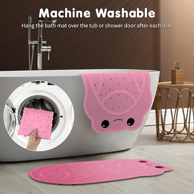 Bathtub Mat Non Slip, Shower Mat for Kids with Natural Rubber no Plastic Smells, Baby Bath Mat for Tub Non Slip with Strong Suction Cups, 30"x18", PVC-Free, Safe Comfortable Fun for Kids, Pink