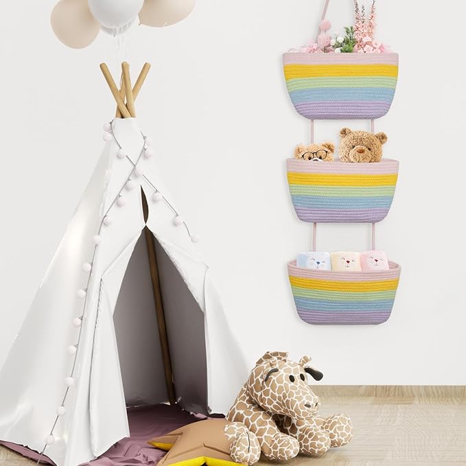 TeoKJ Over the Door Hanging Basket, 3-Tier Woven Cotton Wall-Mounted Storage Organizer Bag Decorative Hanging Nursery Baskets, Rainbow