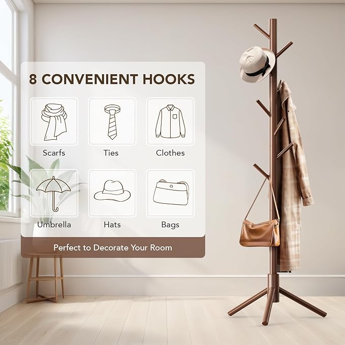 Hupmad Wooden Tree Coat Rack Stand,Sturdy Freestanding Coat Rack with 8 Hooks,3 Adjustable Height for Child Adult,Wood Coat Stand Tree Fits Entryway Bedroom Office for Bags,Hats, 2 Pack
