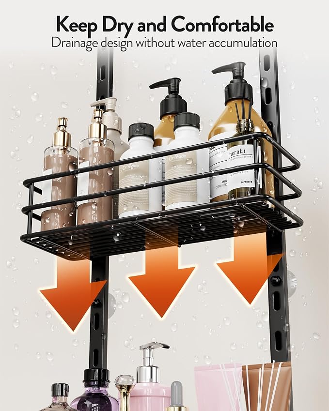 Orimade Over the Door Shower Caddy Adjustable 5 Tier Black,Bathroom Hanging Organizer Shelf Rustproof with 4 Hooks,Shower Basket with Soap Holder and Suction Cup