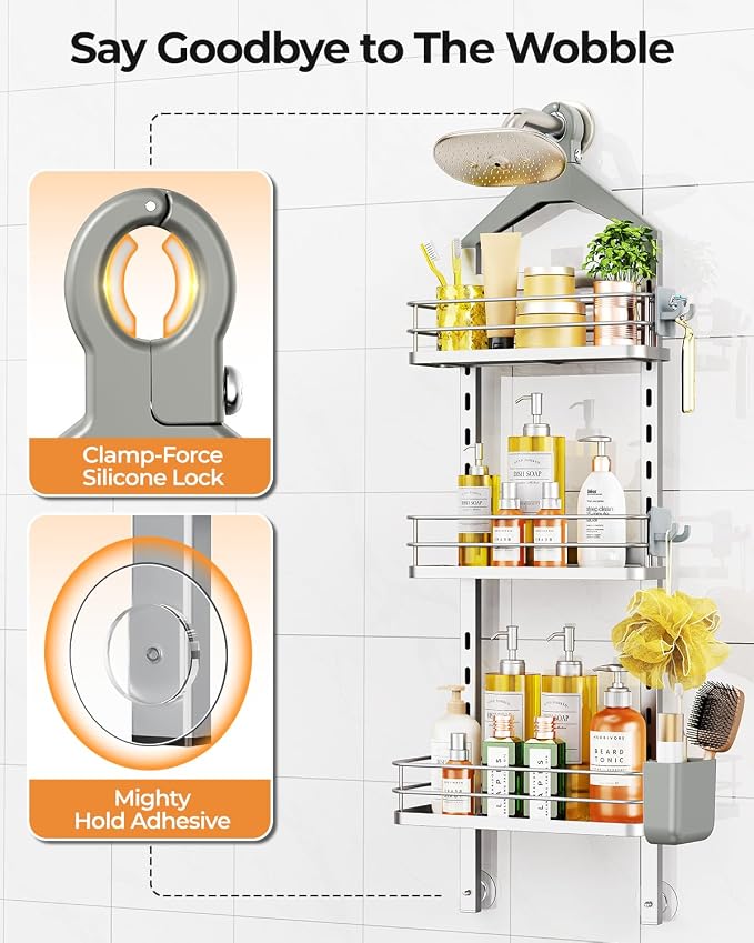 ODesign 3 Tier Height-Adjustable Shower Caddy Hanging Anti-Swing-Over The Shower Head Caddy-Storage Organizer Bathroom Shelves Basket-Silver