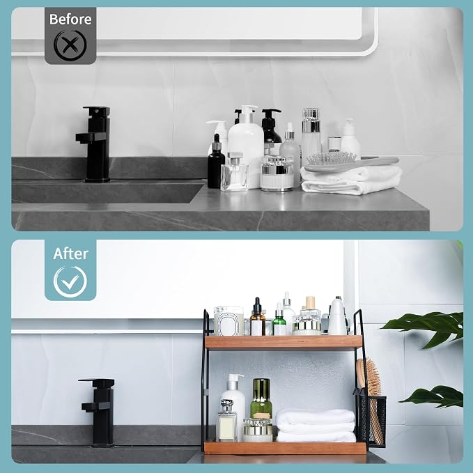 Bathroom Counter Organizer, 2-Tier Standing Storage Shelf with Basket, Wood Tray for Skincare Vanity Organizer(Brownish)