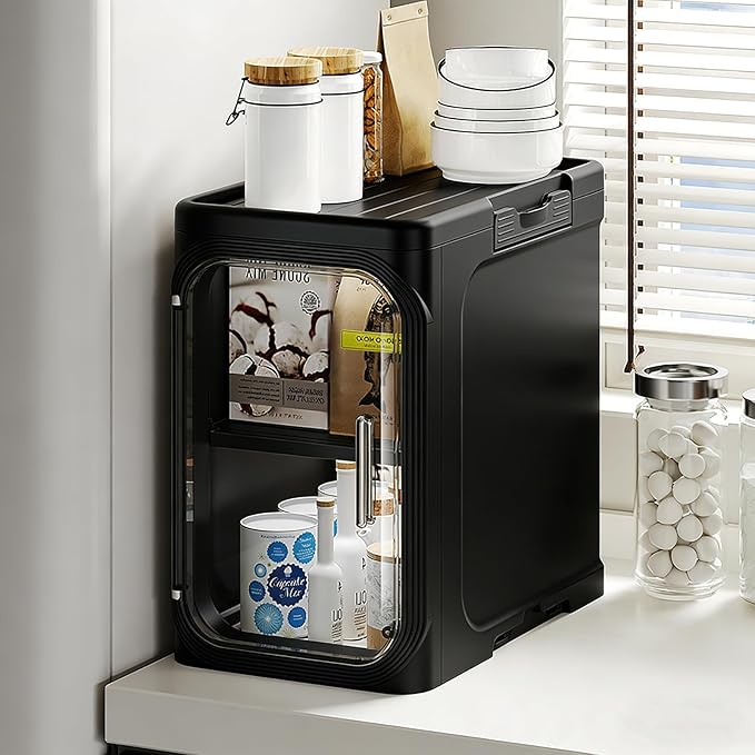 UFORU 1-Tier Tall Narrow Storage Cabinet- Plastic Slim Bathroom Storage Organizer with Magnetic Doors,Adjustable Shelves&Movable Wheels, Foldable Skinny Cabinet for Small Spaces,Kitchen, Black