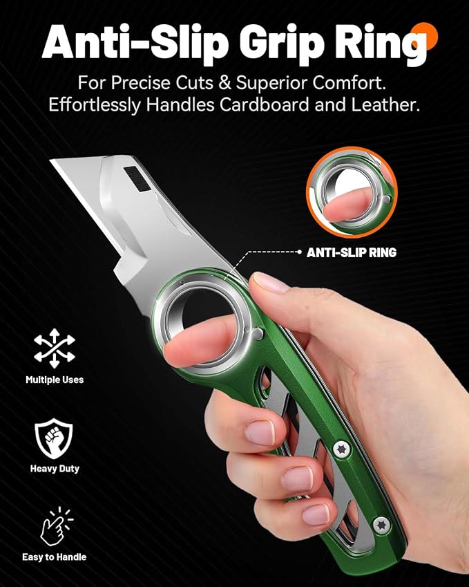 Folding Utility Knife Pocket Knife, Heavy-Duty Box Cutter with Anti Slip Finger Loop, Quick Change Blade Razor Knife, Box Cutters for Home, Office, Warehouse, Durable Razor Knife, Box Knife (Green)