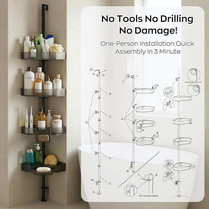 Corner Shower Caddy Extendable Rustproof Shower Organizer Adjustable 4-Tier Bathroom Shelves Anti-Tipping Bathtub Shampoo Storage Floor Standing Bath Rack 45-75 Inch No-Drill Quick Installation