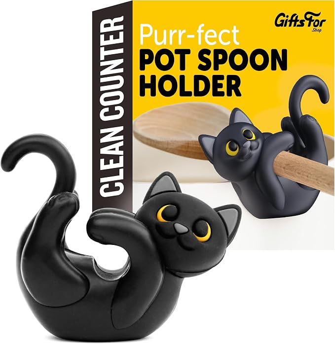 Black Cat Spoon Rest for Stove Top – Silicone Pot Clip Utensil Holder & Lid Lifter – Funny Kitchen Gadget, Unique Witchy Cat Gifts for Women & Halloween – 3" x 2.5"