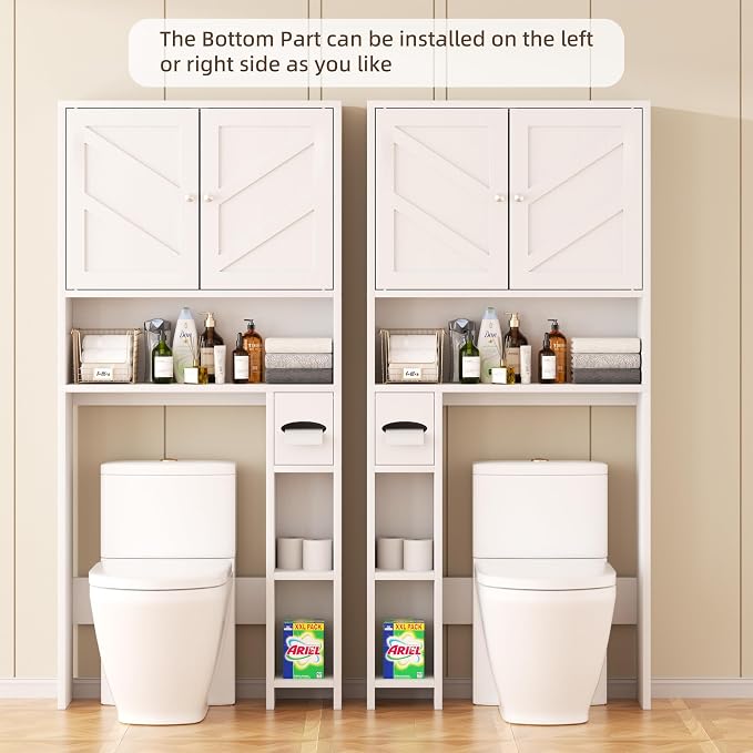 Shintenchi Over the Toilet Storage Cabinet, Bathroom Storage Cabient with Barn Doors, Bathroom Storage Shelf Organizer with Toilet Paper Holder, Adjustable Shelf and Anti-Tip Device, White