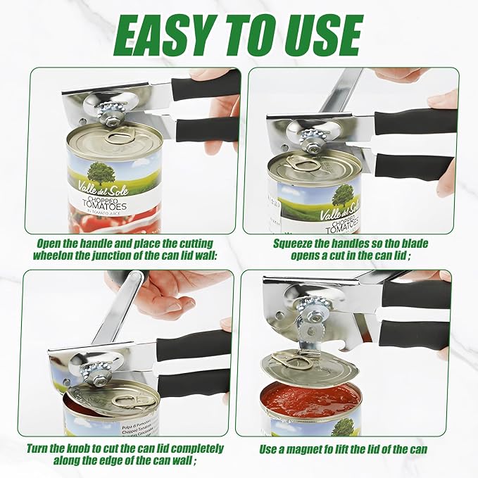 Commercial Can Opener Stainless Steel Handheld Can Opener Smooth Edge with Easy Crank Handle Black Swing Grips for Bulk Cans and All Size Cans