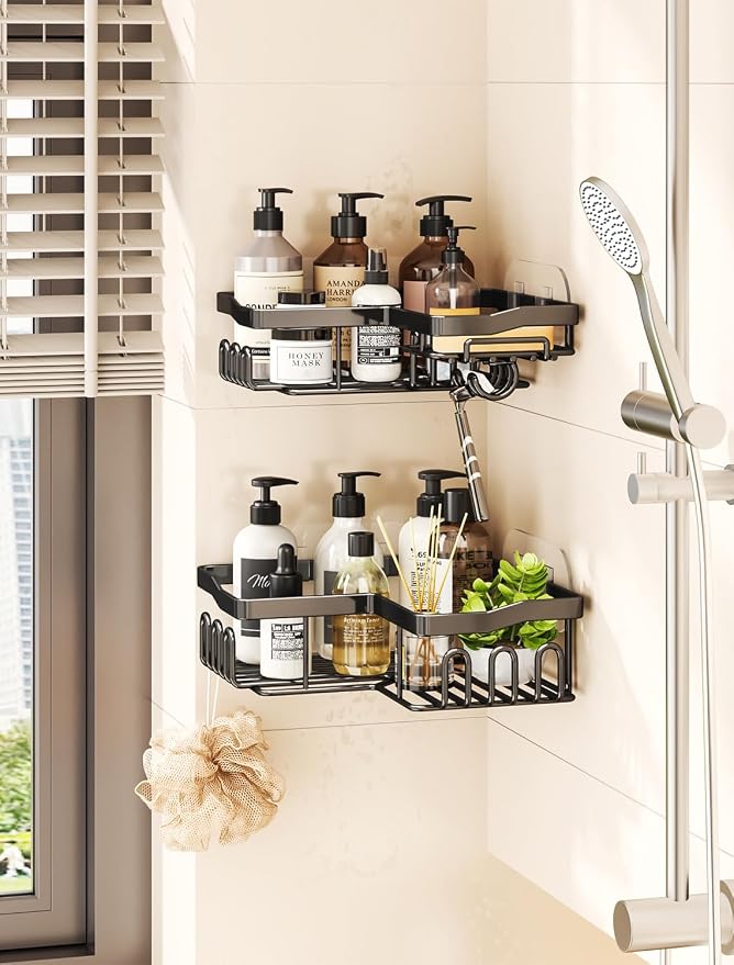 Corner Shower Caddy with Soap Holder, 2 Pack Stainless Steel Corner Shower Organizer with 11 Hooks, No Drilling & 6 Strong Adhesives Corner Shower Shelf Bathroom Organizer for Shower Room, Black