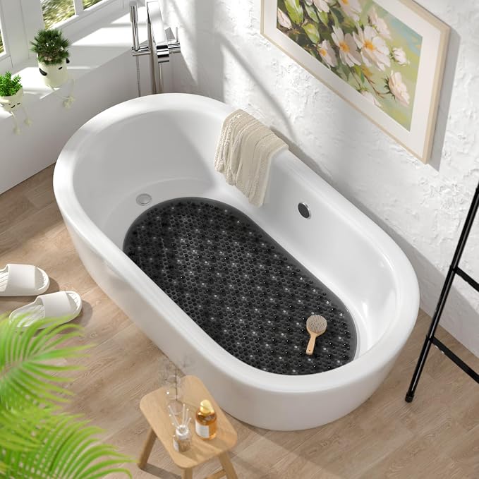HITSLAM Non Slip Bathtub Mat, 27x15 Inch Bath Mat for Tub with Suction Cups and Drainage Holes, Machine Washable Oval Shower Mat for Kids, Seniors and Daily Use, Phthalate Free PVC, Black