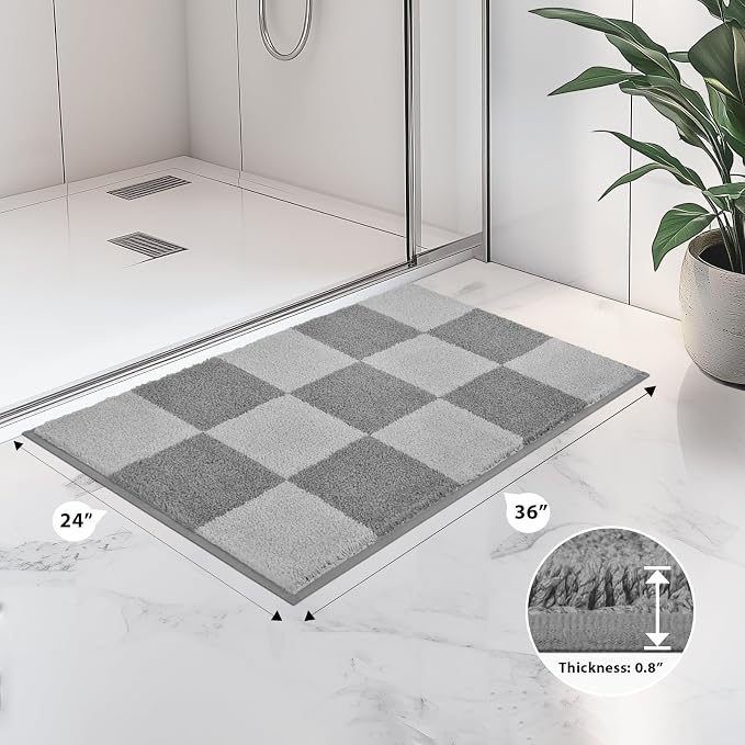 anllugs Bathroom Rugs 24" x 36", Non-Slip Extra Soft Absorbent Bath Rugs, Machine Washable Quick Dry Bath Mats for Bathroom Floor, Shower, Bathtub and Sink, Checkered Light Grey & Grey
