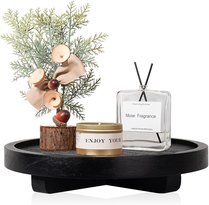 Round Decorative Tray Wood Bathroom Counter Organizer Farmhouse Kitchen Decor Wooden Riser for Soap Dish, Perfume, Candle, Sponge, 8" - Black