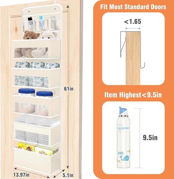 WISELIFE Over the Door Organizer - 6 Shelves Detachable Hanging Bedroom Storage Solution with 5 Large Pockets and 3 PVC Pockets for Dorm Bathroom, Pantry Nursery Baby Essentials (Beige)