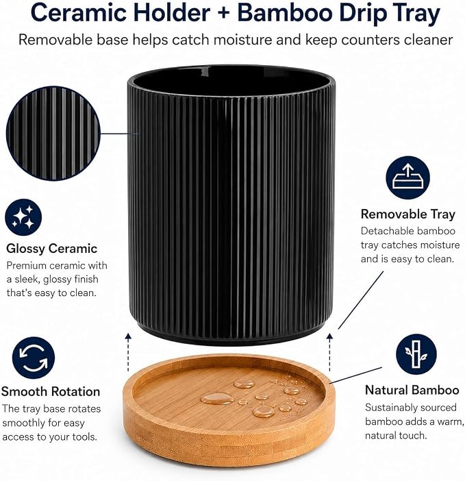 QUELIEN Utensil Holder, 360° Rotating Ceramic Kitchen Utensil Holder for Countertop, 7.7" Utensil Crock for Kitchen Counter with Rotatable Wooden Base,Ideal Housewarming Gift & Mothers Day Gift
