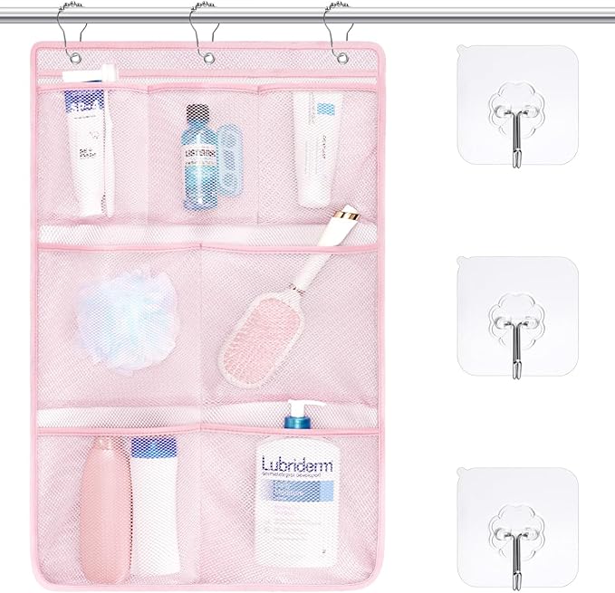 F-color Cruise Essentials 2026 - Mesh Shower Organizer Hanging with 7 Pockets for RV Gym Camping, Quick-Dry Portable Toiletry Bag with Metal Hooks for Bathroom Travel Toiletries, Pink